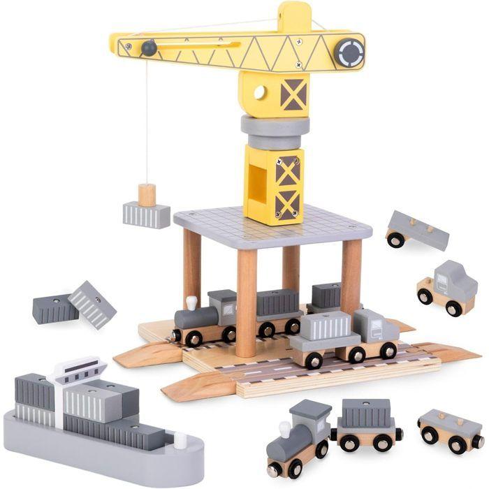 Grue en Bois GINGER HOME pour Enfant, Ensemble avec Train, Camion et Bateau, 28x20x45 cm