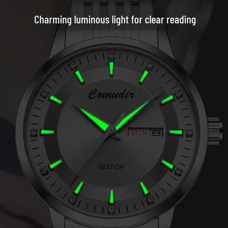 Men's Automatic Skeleton Watch with Steel Strap, Faux Mechanical Design, Calendar, Waterproof Features, Quartz Movement.