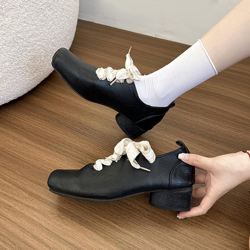 Fashion Autumn Vintage Lace Up Women Mary Jane Shoes Elegant Square Toe Party Dress Ladies Design Leather Pumps