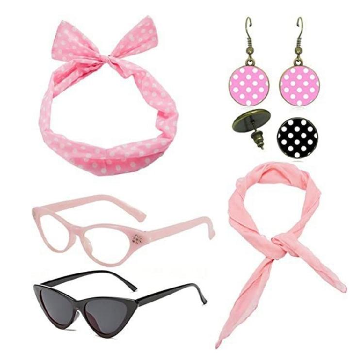 Woman Polkas Dot Earrings Scarf Headband Cats Eye Glasses 50's Costume Accessories Set for Party