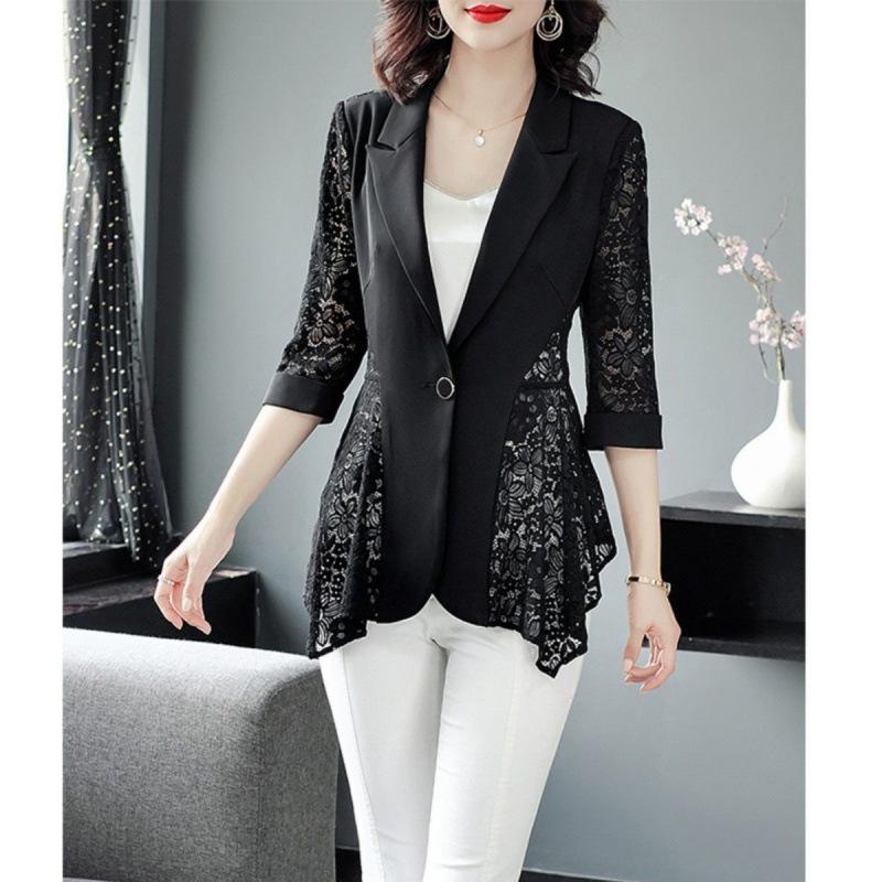 Motedesign Svart og Hvitt Blonder Patchwork Temperament Elegant Ensfarget Dame Topp Vår Sommer Blazere Topper