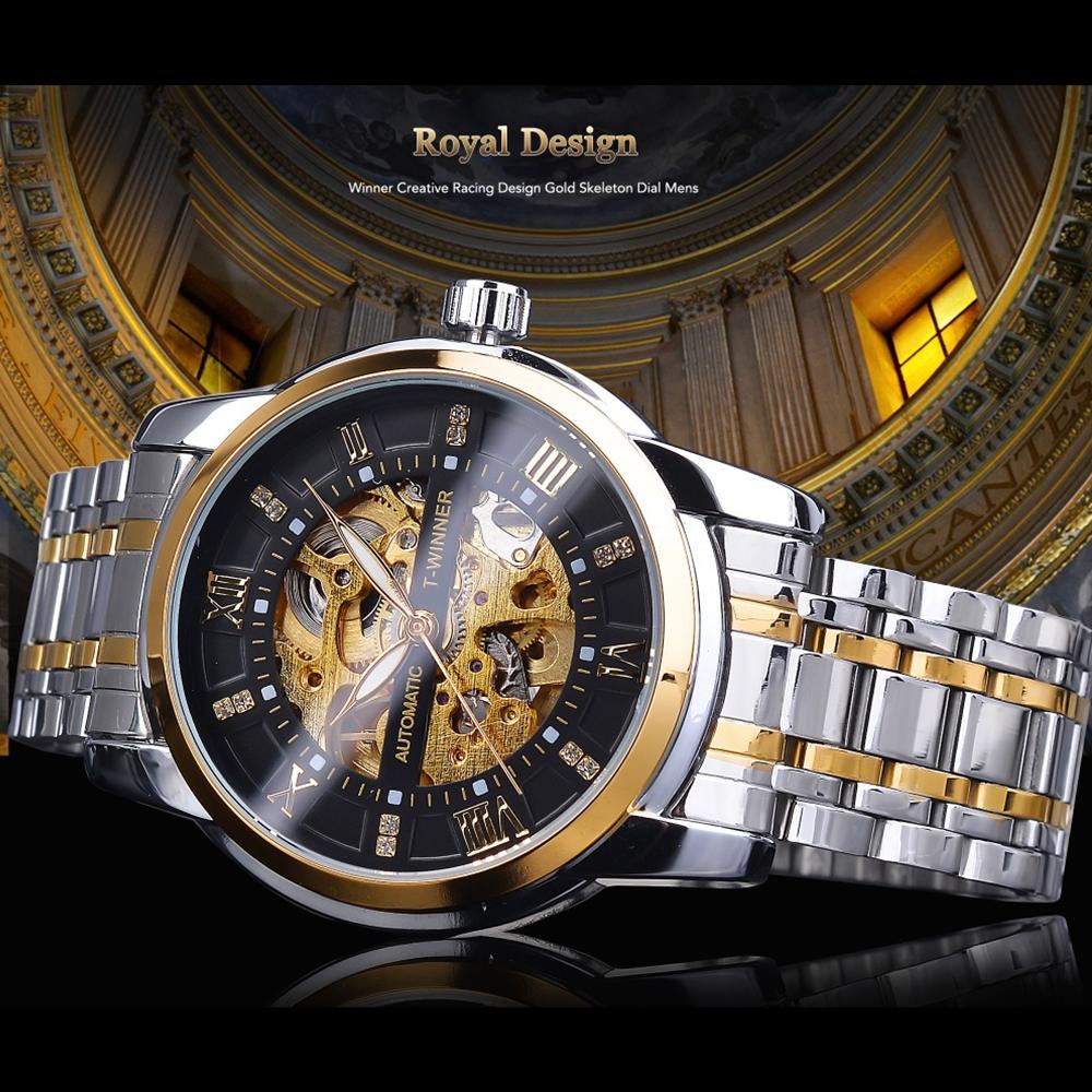 Winner Neue Top Business Style Skelett Automatische Mechanische Uhr Herren Diamant Mosaik Uhr Römisches Zifferblatt
