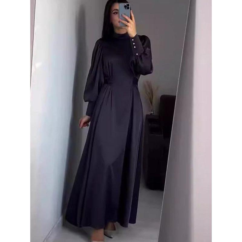 Magic Queen Spring & Fall Girdle Pure Color Long-Sleeved Bubble Sleeve Silm Belt Retro Robe Dress Dress
