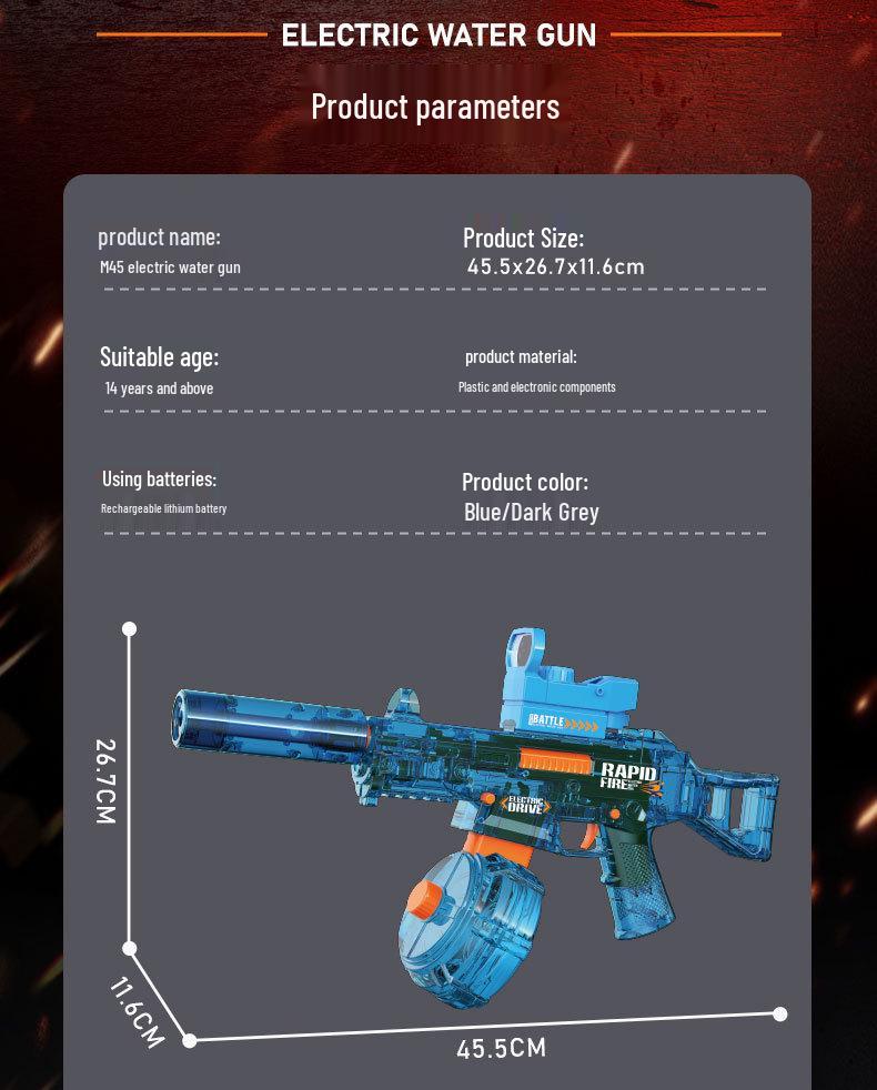 Electric Water Gun MP45: Self-Priming, Rechargeable, Large Capacity Outdoor Toy for Boys and Girls