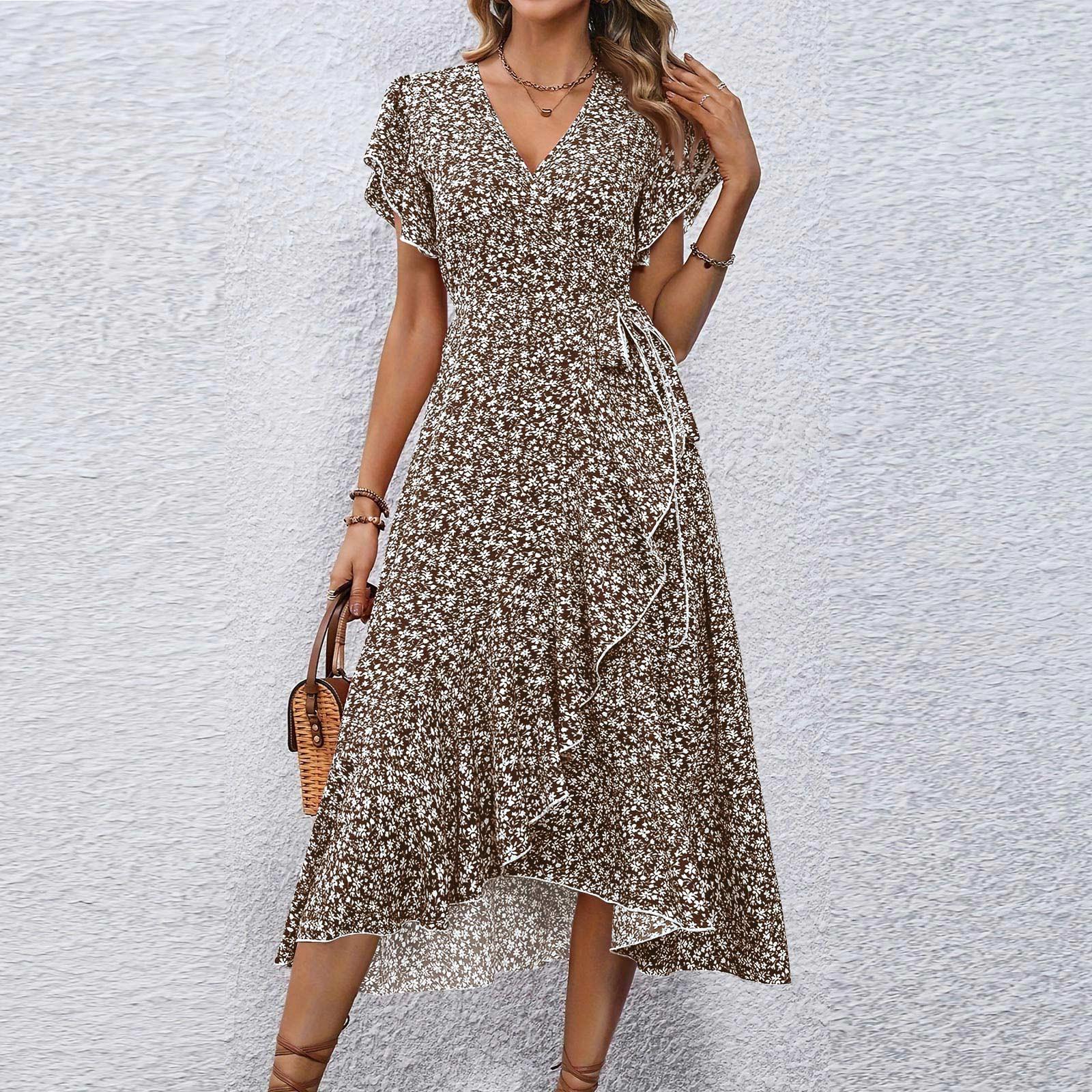 

Женские платья с v-образным вырезом и цветочным принтом на талии и короткими рукавами M верблюд