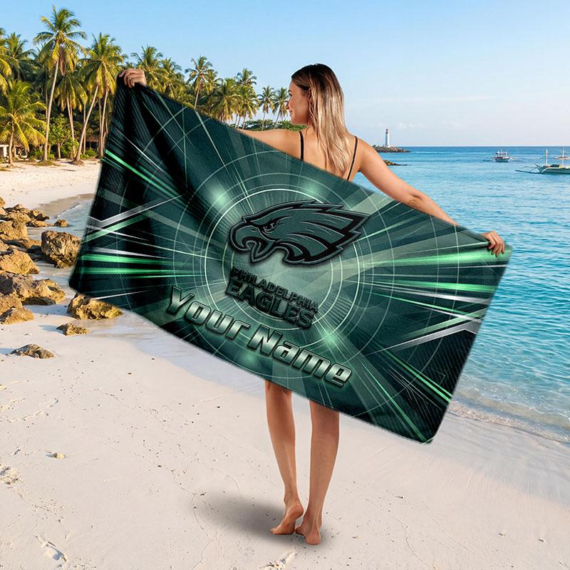 Philadelphia Eagles Customized Name Text Beach Towel, Soft Absorbent Towel Beach Pool Travel Personal Gift