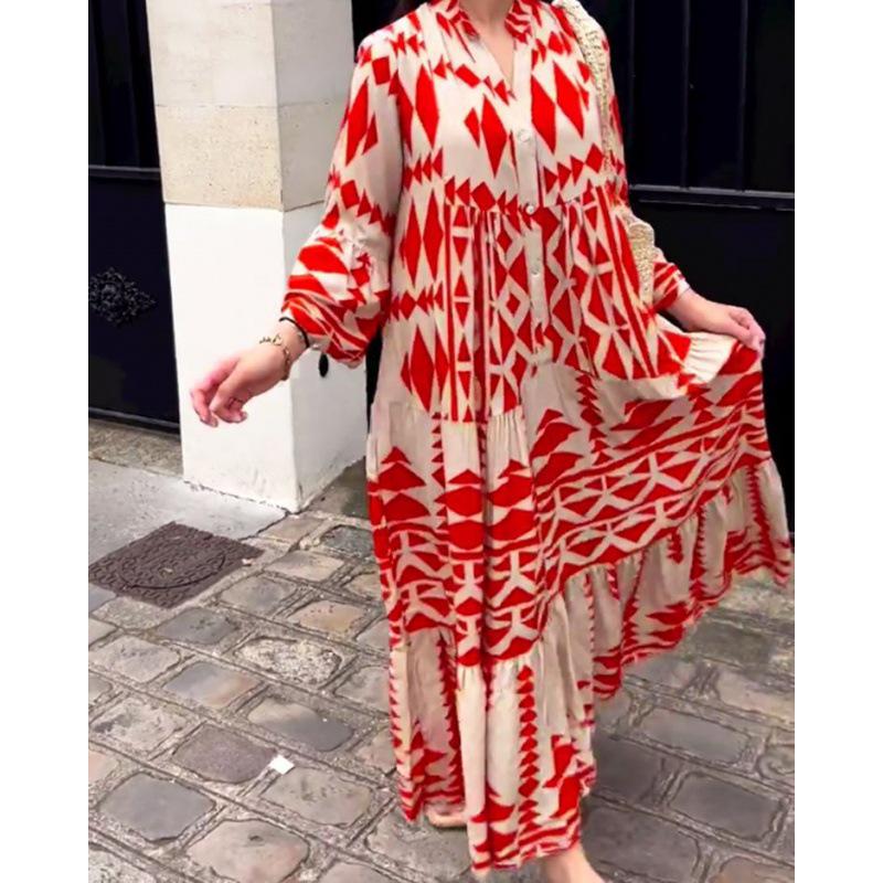 2023 Cross-border Plus Size European & American Women's Bohemian Print Pullover Dress for Autumn