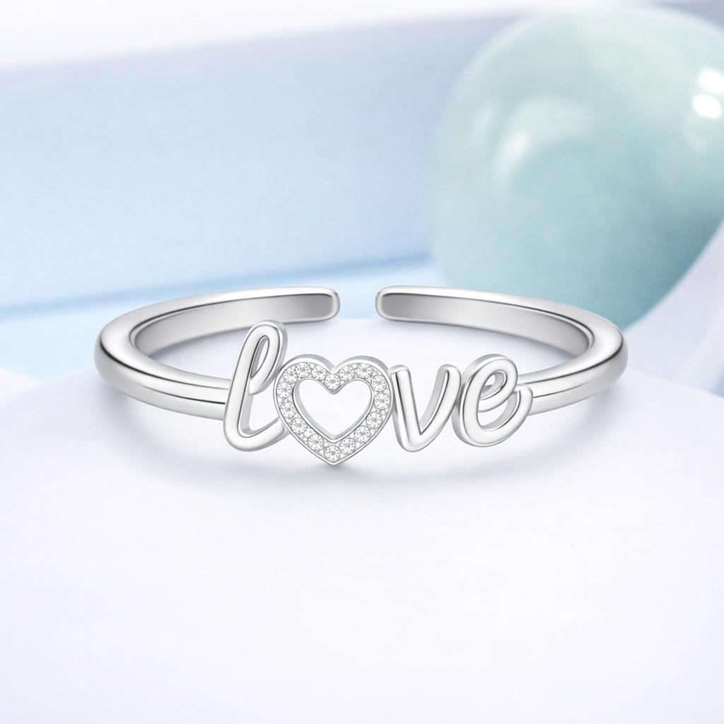 Heart Love Script Open Adjustable Ring – 925 Sterling Silver