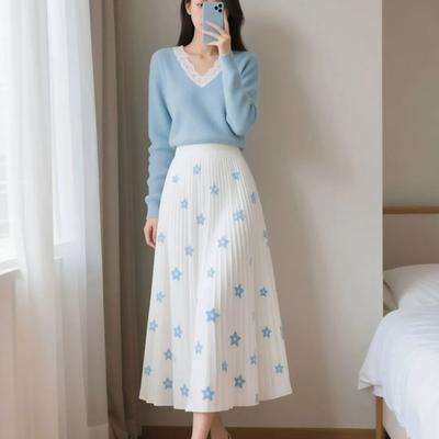 Damen Midi-Rock mit Sternenprint, Faltenrock, Hoher Bund, A-Linie, Fließend, Lässiger Rock