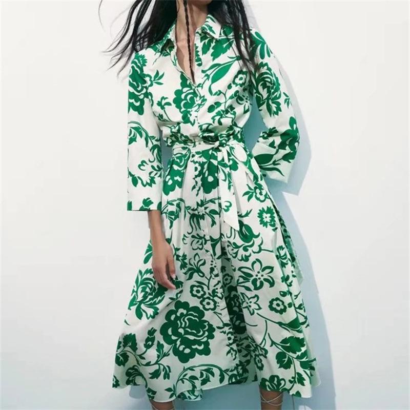 2022 Summer European & American Women's Long Shirt Dress with Belt and Print
