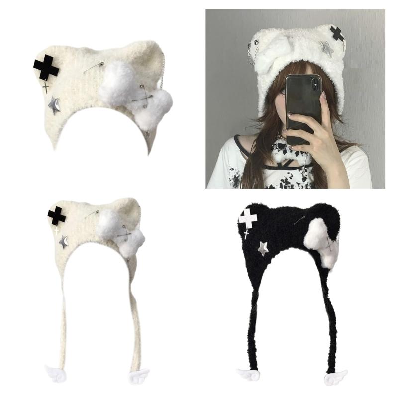 Bear Ear Knitted Hat Punk Crossed Winter Hat Soft Furry Knitted Snow Hat for Women Outdoor Activity Travel