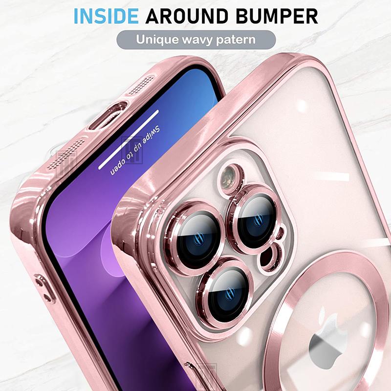 Plating Soft Lens Film Protect Transparent Case For iPhone 16E 16 15 14 13 12 11 Pro Max Plus Magsafe Magnetic Charging Cover