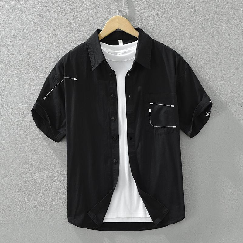 

Летние корейские модные мужские рубашки, повседневные мужские рубашки из чистого хлопка с коротким рукавом, молодежная уличная одежда, свободные топы, дизайнерская принтованная рубашка XXXL чёрный