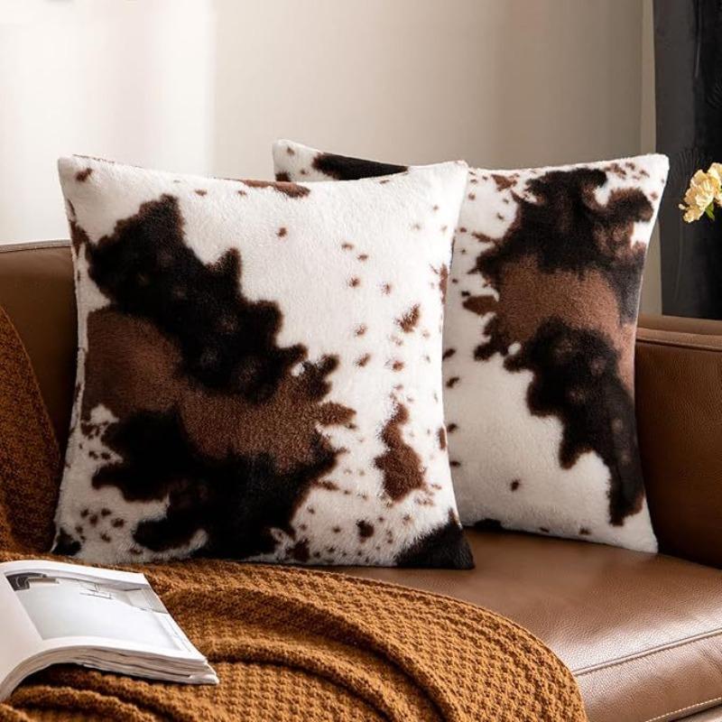 2pcs/set Dairy Cow Pattern Print Plush Pillow Cover Soft Furry Cushion Case Home Decor pillowcase for Living Room Sofa & Bedroom