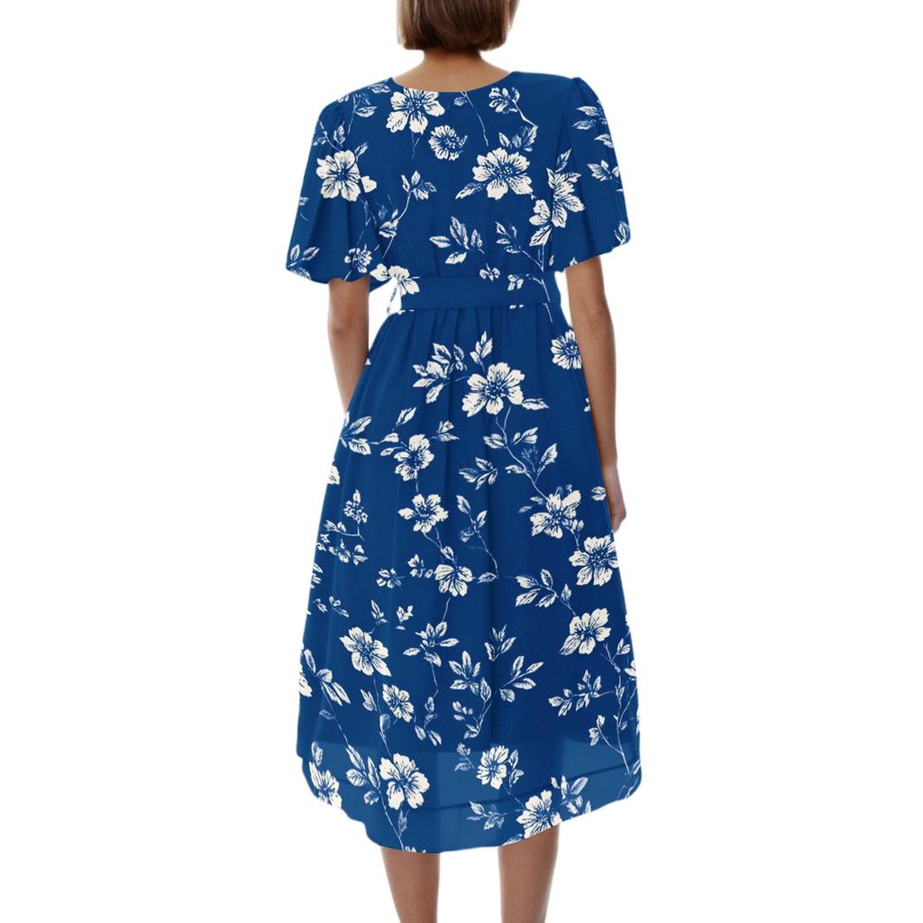 Women's Casual V Neck Short Sleeve Floral Print Dress Midi Length Lightweight Summer Dress with Elastic Waist and Flared Skirt