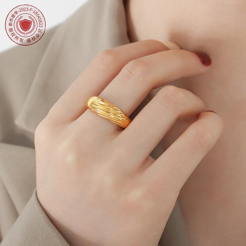 Gold Plated Geometric Striped Ring: Titanium Steel Jewelry for Women