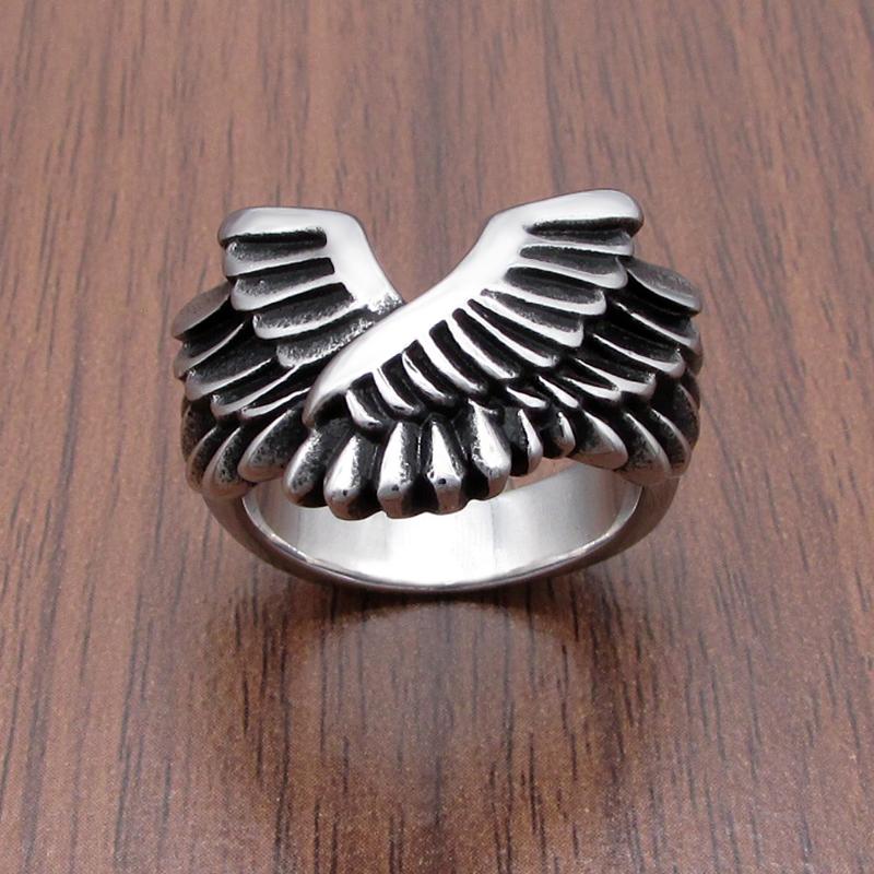 Punk 316L Stainless Steel Gothic Angel Wings Ring Silver Hip Hop Jewelry For Men Boyfriend Gift Fashion Accessory