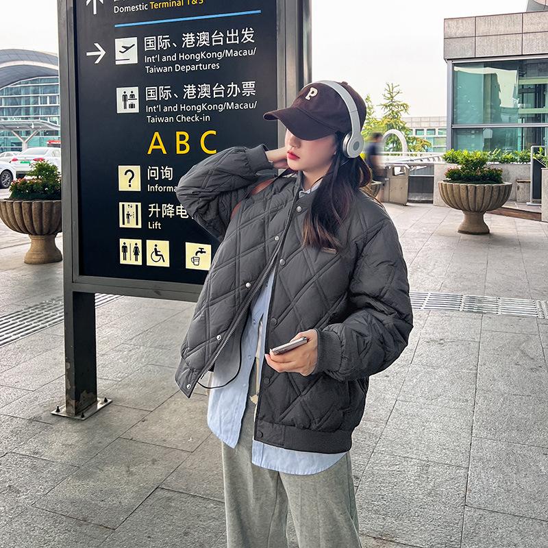 Short student jacket winter new rhombus plaid down  jacket women's loose baseball collar small  jacket