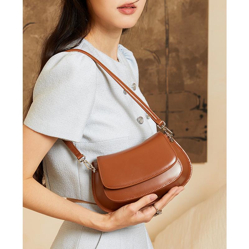 Simple Underarm Bag Women Split Cow Leather Saddle Bags Sewing Solid Color Female Messenger Shoulder Bag