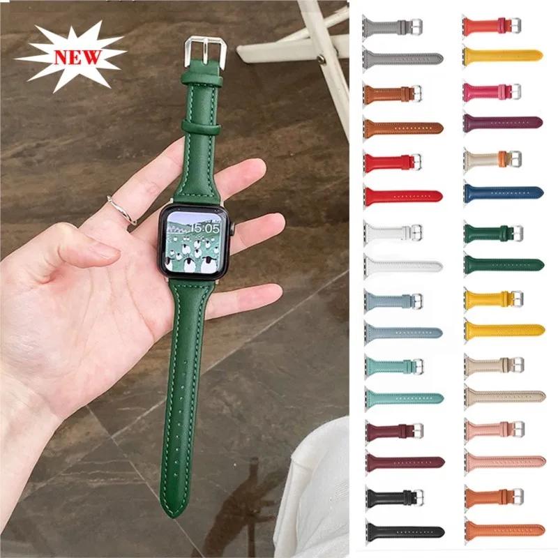Slim Leather Strap For Apple Watch Band 44mm 40mm 41mm 45mm 49mm 44 mm Bracelet apple watch 10 46mm bands Ultra 9 7 5 se 3 4 6