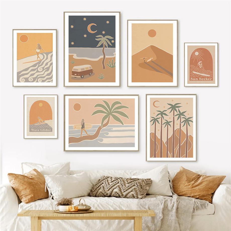 Meeresstrand Mädchen Palmen Landschaft Wandkunst Leinwandbild Abstrakte Poster Drucke Hotel Bar Wandbild Für Wohnzimmer Dekoration