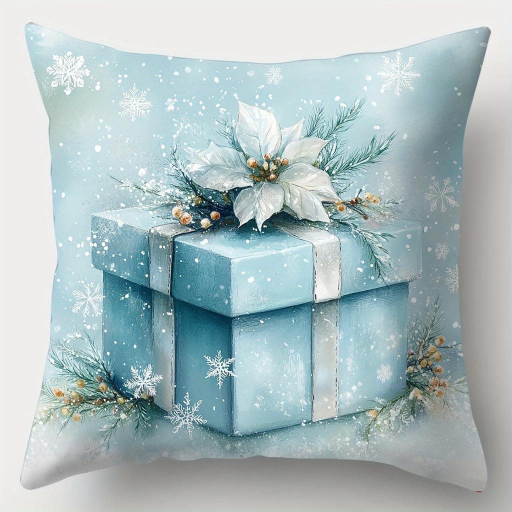 Christmas Decoration Pillow Cover Blue Santa Claus Snowman Snowflake Pattern Suitable for Home Room Sofa Cushion Cover