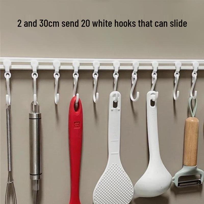 Adhesive Wall-Mounted Kitchen Rack with Sliding Hooks for Utensils
