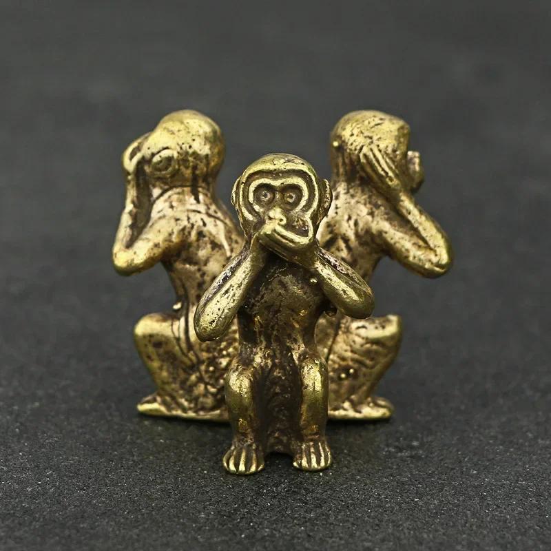 Heimdekoration Handwerk Retro Reines Kupfer Drei Affen Tee Haustier Ornamente Zubehör Affenstatue Miniatur Schreibtischdekoration