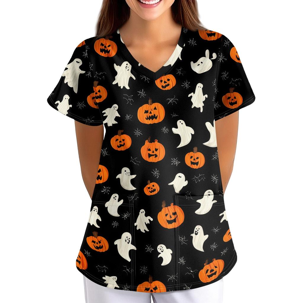 Women's Halloween Print Loose Fit V Neck Short Sleeve Medical Scrub Top with Pockets for Healthcare Professionals Comfortable Workwear