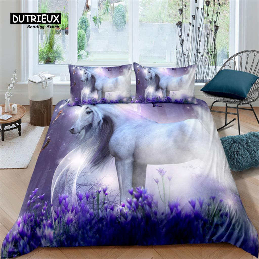 Bettbezug mit weißem Drachenpferd, 3D-Einhorn-Bettwäscheset für Teenager und Kinder, Mikrofaser, Western-Cowboy-Bettbezug mit Kissenbezügen