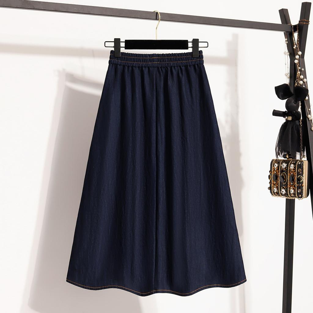 DIMANAF 2026 Summer Plus Size Women Skirts Elastic Waist Denim Blue Oversize Casual Lady Long Skirts Cotton Solid