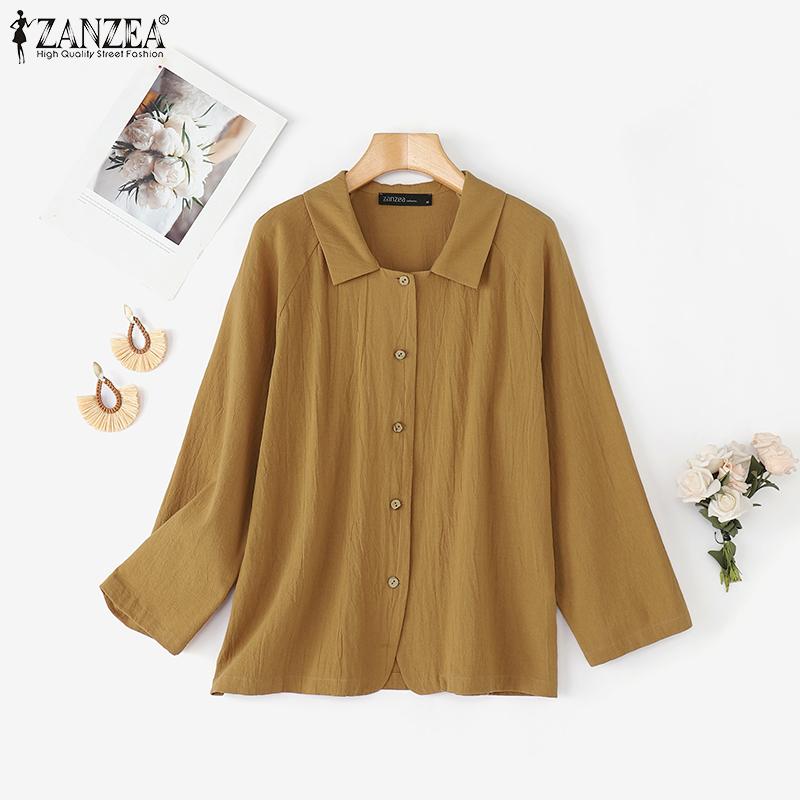 ZANZEA Women Casual Turn Down Collar Loose 3/4 Sleeve Cotton Blouse