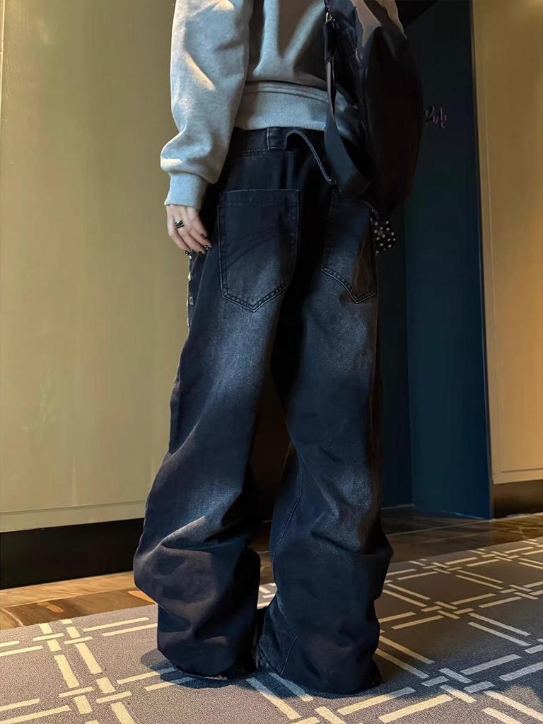Unisex Retro Washed Wide-Leg Rivet Jeans: Loose, Trendy Floor-Length Pants