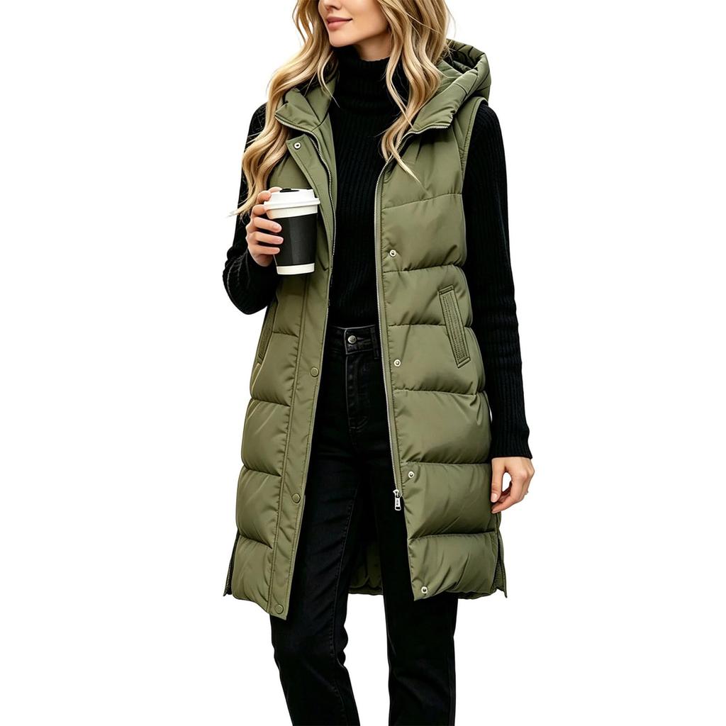 Women's Casual Hooded Cotton-Padded Vest Jacket Sleeveless Outerwear for Fall and Winter