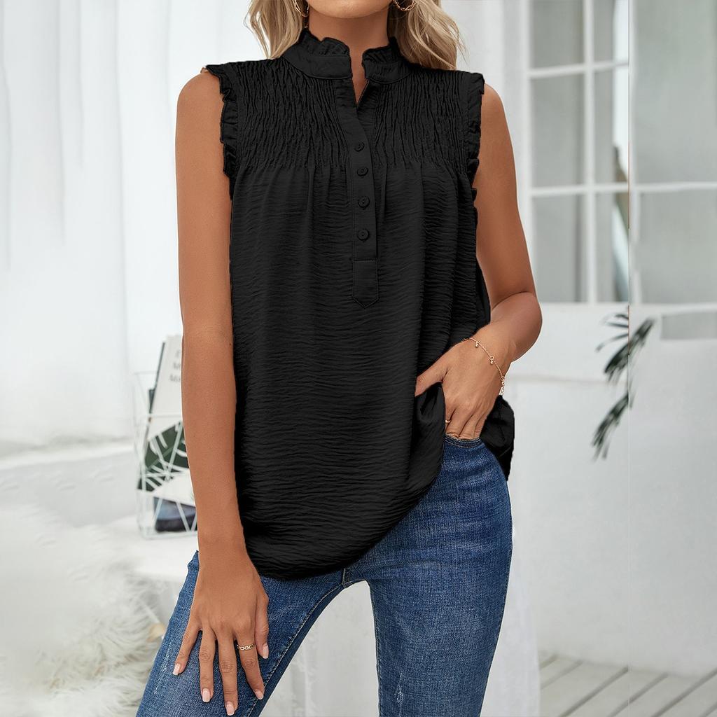 Women's Casual Loose Sleeveless High Neck Button Ruffle Tank Top, Plain Solid Color Versatile Blouse For Europe America, Spring Summer Daily Wear