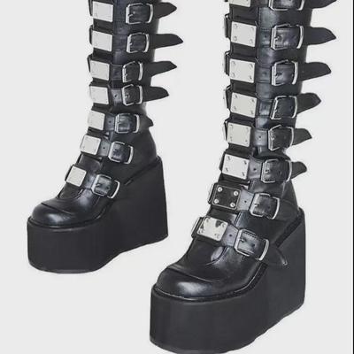 Stivali da Cavaliere Punk Europei e Americani con Plateau Chunky da Donna