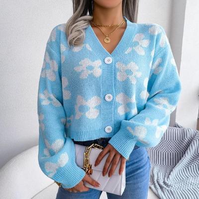 Contrast Color Flower Sweater Knitted Cardigan V Neck Lantern Sleeve Single Breasted Winter Fall