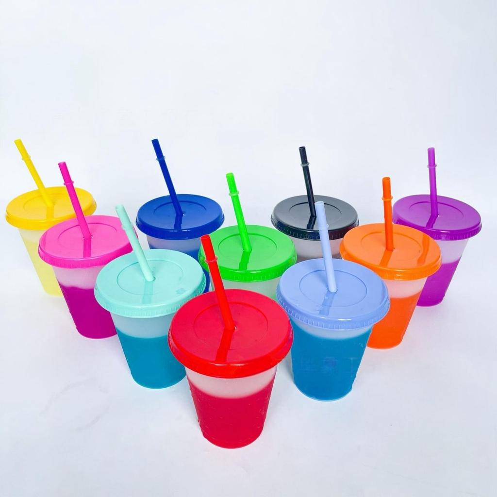 10pcs Per Set Temperature Sensitive 10-Color Changing Cup 16oz Straw Cup Changes Color When Cold Reusable
