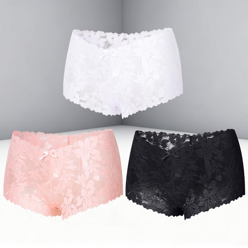 FINETOO 3Pcs Women's Sexy Lace Floral Perspective Boyshorts Solid Color Hollow Out Boxer Panties Female Breathable Transparent Lingerie