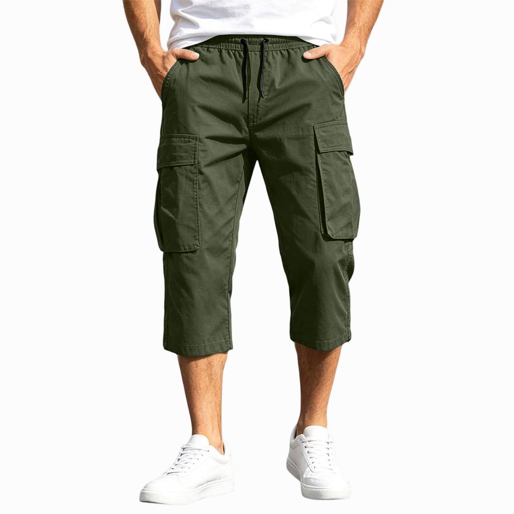 Men Cargo Shorts with Drawstring Waist Multi Pocket Design Casual Mid Length Workwear Pants for Outdoor Activities and Everyday Use