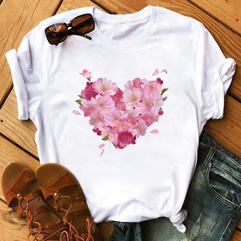 Fashion Kawaii Rose Flower Heart Graphic Women's T-Shirt Summer Loose Blouse 90S Short Sleeve O-Neck Tees Ladies White Y2K Tops