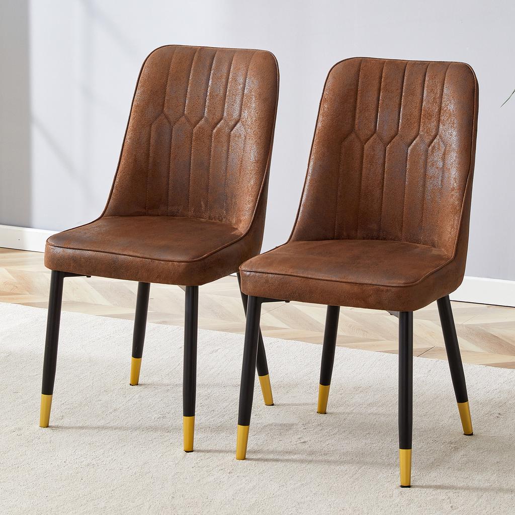 Set of 2 Modern Brown Dining Chairs, Tech-Fabric Backrest, Black Metal Legs