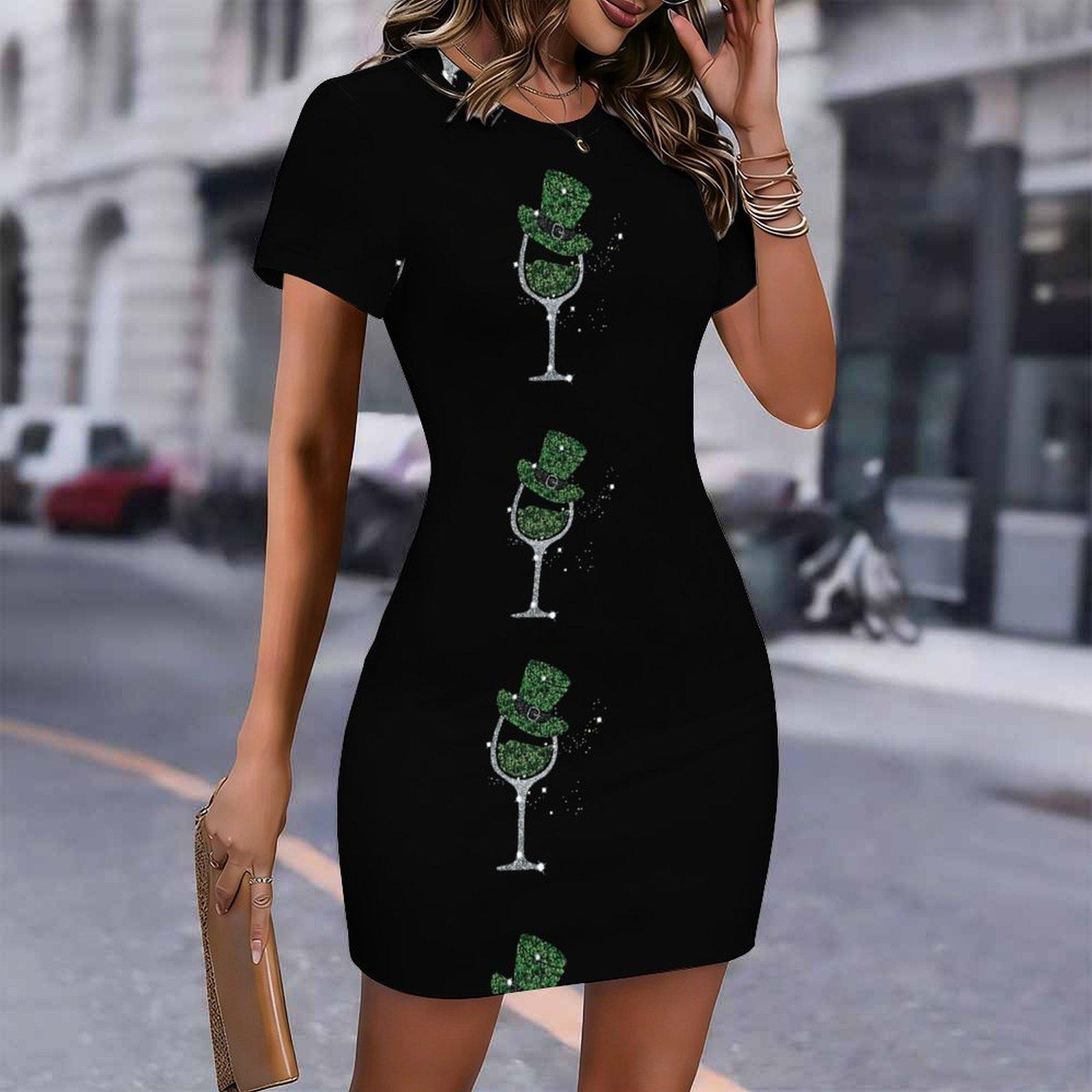 Fashion Womens Loose Abstract Pattern Print O Neck Short Sleeve Loose Streetwear A-line Dress S