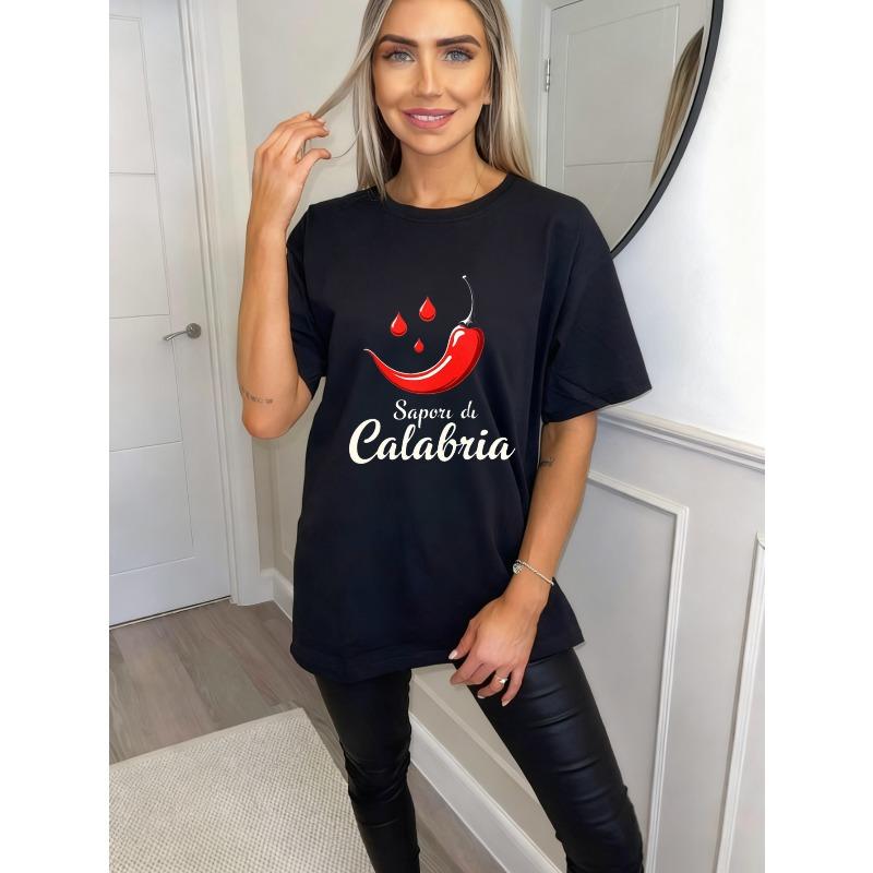 Übergroßes T-Shirt Schwarz Rote Chili und Sapor di Calabria Print Freizeitkleidung für Damen Sommer-Outfits Streetwear-Mode