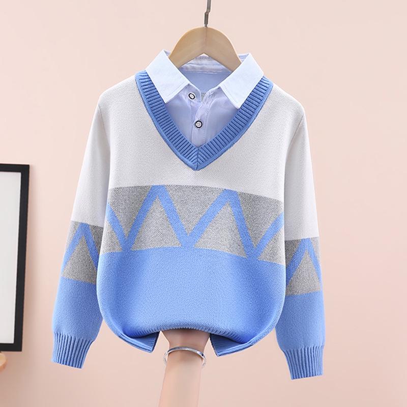 

Детский вязаный свитер из двух частей с флисовой подкладкой и рубашечным воротником - Модный пуловер для детей на осень/зиму 150 cm