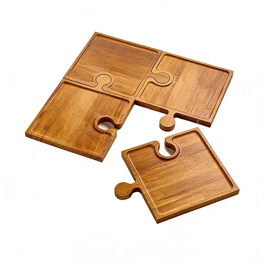 

4pcs Wooden Jigsaw Shaped Coaster Tray - Retro Style for Camping Party Bar Restaurant, Food Tray Snack Plate Drink Coaster Set