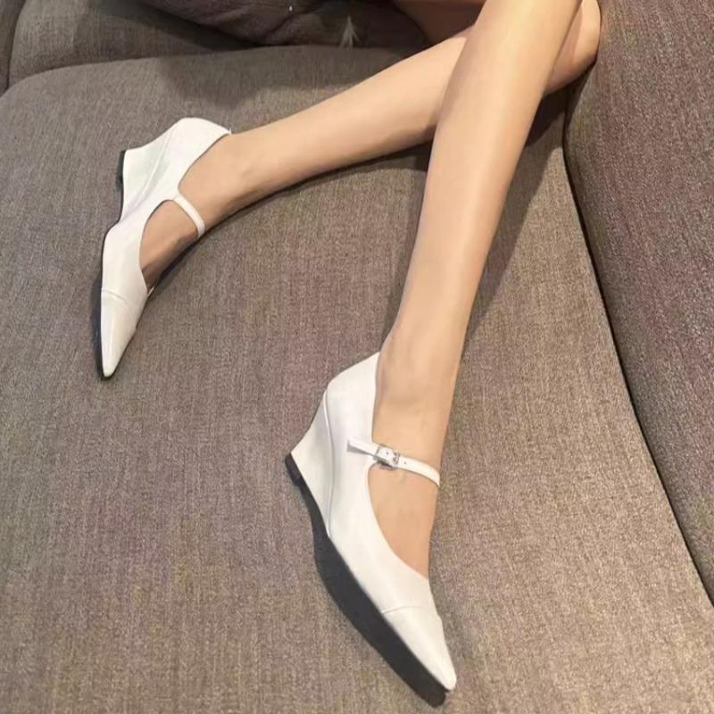 Women's Slope Heel Single Shoes Autumn New Pointed Head Shallow Mouth Word with Anti-slip Wear-resistant Mary Jane Shoes