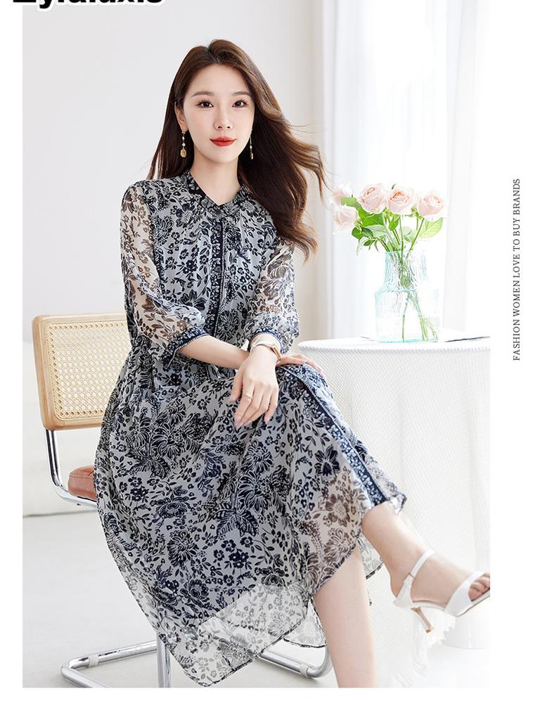 Abito Maxi Estivo Sottoveste Giorgio Stampato Scollo a V 100% Seta di Gelso per Donna