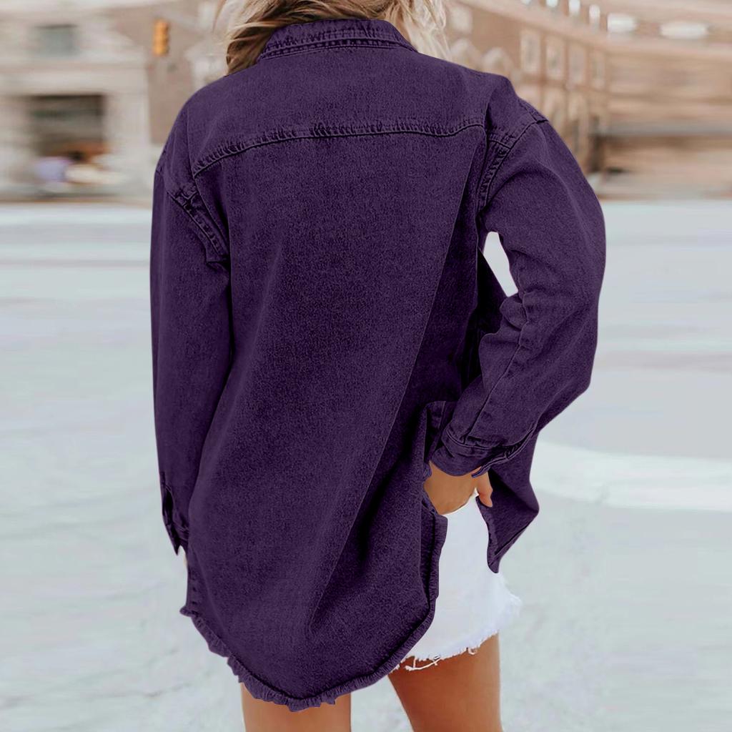 Women's Fashion Washed Denim Shirt Jacket With Frayed Hem Solid Color Outerwear