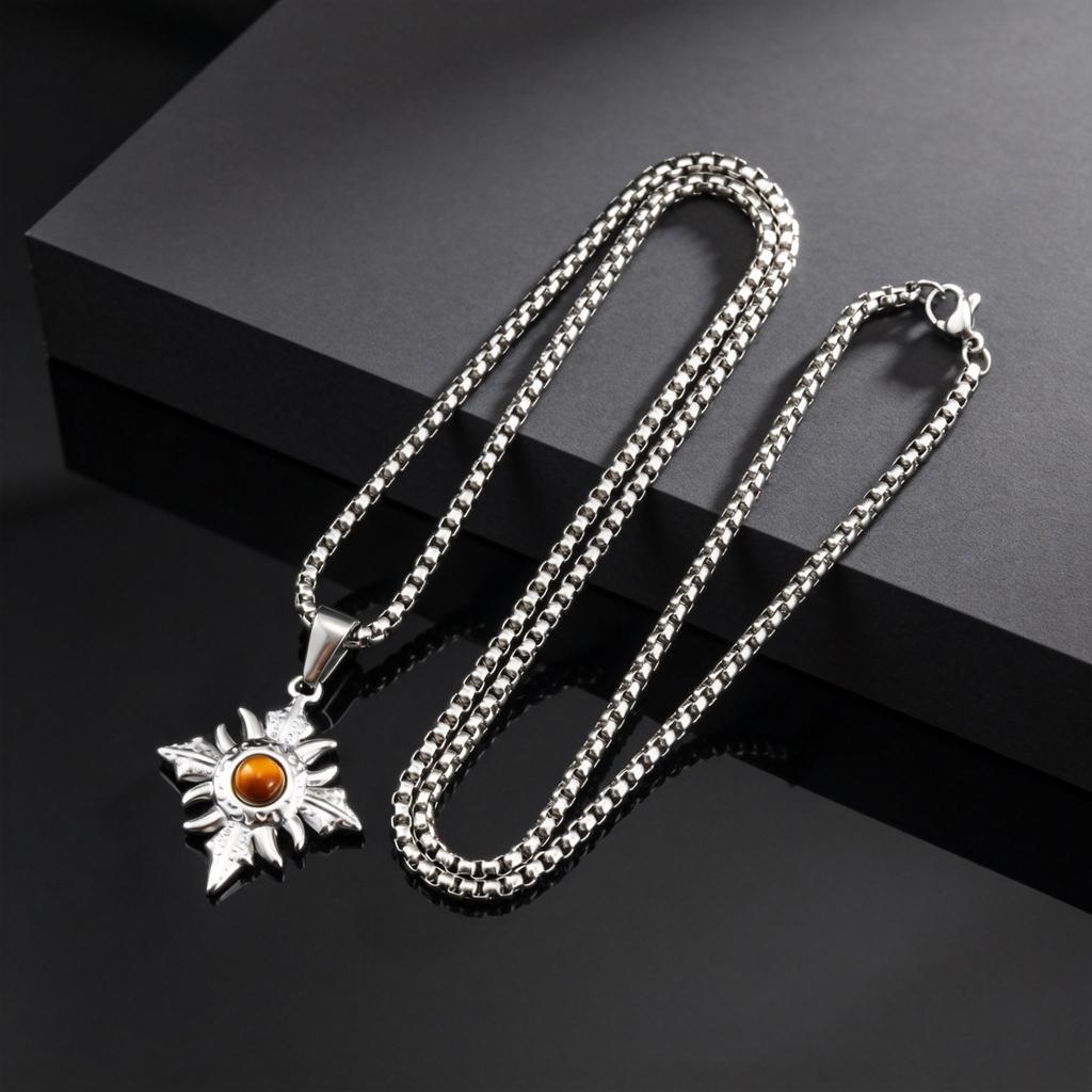 Vintage Punk Natürlicher Tigerauge Stein Geometrischer Anhänger Halskette für Herren Mode Edelstahl Hals Schmuck Geschenk